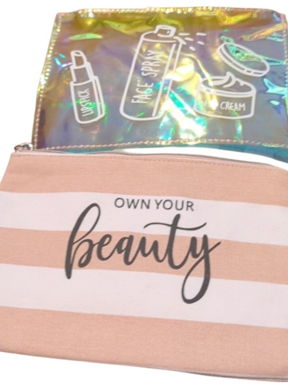 Cosmetic Bag Cases. Two. One Is Pink And White. One Is Shiny Pink.